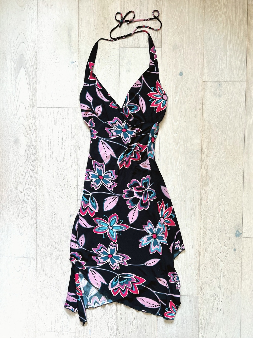 2004 Vintage BEBE | y2k Floral Halter Asymmetrical Dress